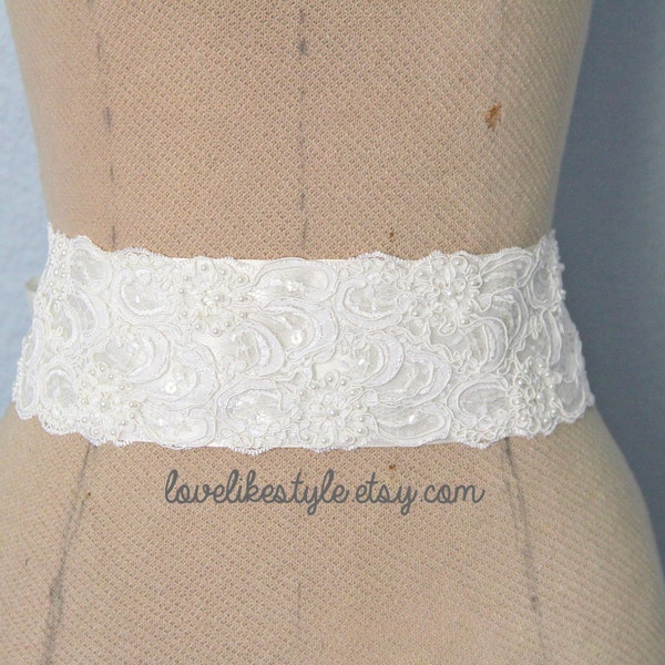 Ivory Beaded Alencon Lace Sash Belt, Bridal Sash, Bridesmaid Sash, Wide Lace Sash , SH-42