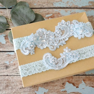 Light Blue Pearl Beaded Lace Wedding Garter Set , Light Blue Lace Garter Set, Toss Garter ,Wedding Garter Set,Something Blue / GT-53B