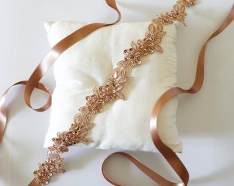 Rose Gold Beaded Lace Sash Belt, Bruids Rose Gold Sash, Bloemenmeisje Rose Gold Sash Belt, Blush Lace Sjerp