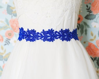 Royal Blue Beaded Lace Sash,  Blue Lace Sash Belt, Bridesmaid Sash, Flower Girl Sash, Wedding Blue Sash-2100