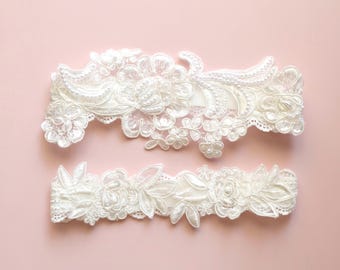 Pearl Beaded Lace Wedding Garter Set: Ivory Bridal Garter