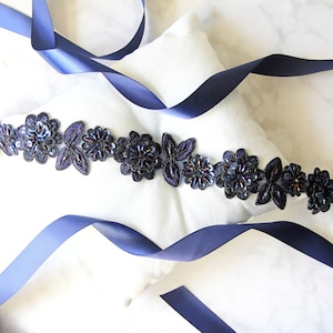 Navy Beaded Lace Sash: Bridal Headband, Flower Girl Belt