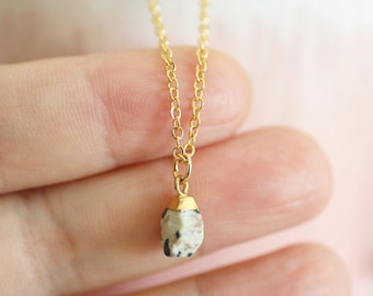 Tiny Dalmatian Jasper Stone Necklace: Gold Plated Brass Chain