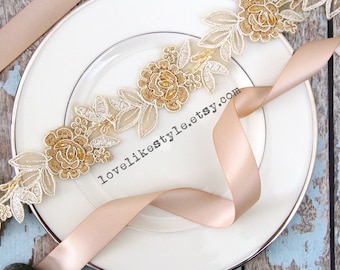 Light Gold and Tan Embroidery Flower Lace Sash , Bridal Sash, Bridesmaid Sash, Flower Girl Sash, Gold Headband SH-77
