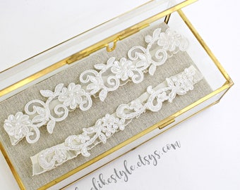 Pearl Beaded Lace Wedding Garter Set - Ivory Bridal Garters