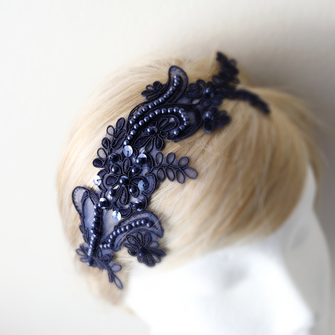 Navy Wedding Headband Navy Beaded Lace Headband Bridal Navy Etsy