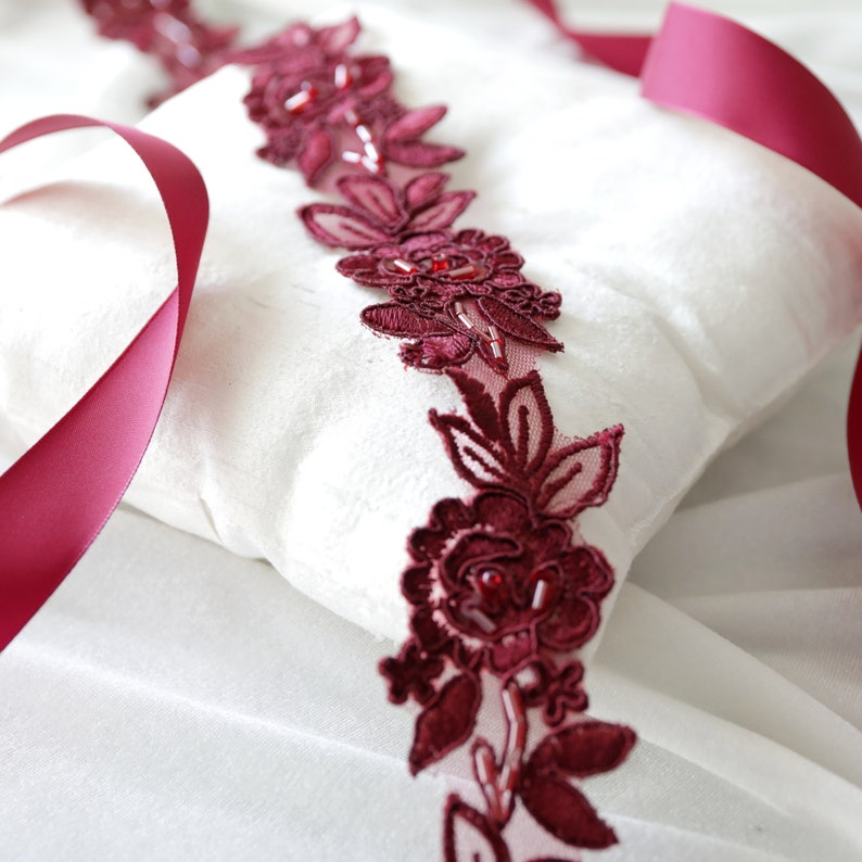 Burgundy Flower Beaded Lace Sash Belt, Wine Wedding Sash, Burgundy Lace Sash, Bridal Ivory Lace Sash,Flower Girl Sash image 4