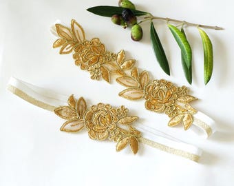 Gold Flower Lace Wedding Garter Set: Keepsake & Toss Garters