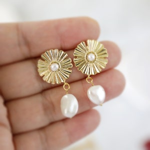 Flower Post with Pearl Beads Drop Earrings, Wedding Earrings, Bridesmaid Earrings, Pearl Earrings, Birthday Gift image 5