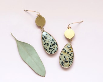 Dalmatian Jasper Drop Earrings: Matte Gold Plated, Bridesmaid Jewelry