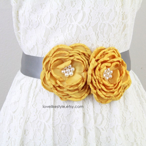 Mustard Yellow Flower with Gran Satin Ribbon Sash Belt, Bridal Red Sash,Bridesmaid  Sash, Flower Girl Sash Belt,Yellow Flower Sash