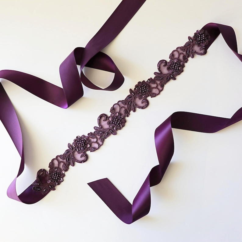Purple special occasion belts and sashes - plum beaded lace bridal sash
