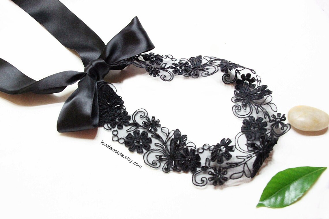 Black Beaded Embroidery Flower Sash // Head Tie Headband - Etsy