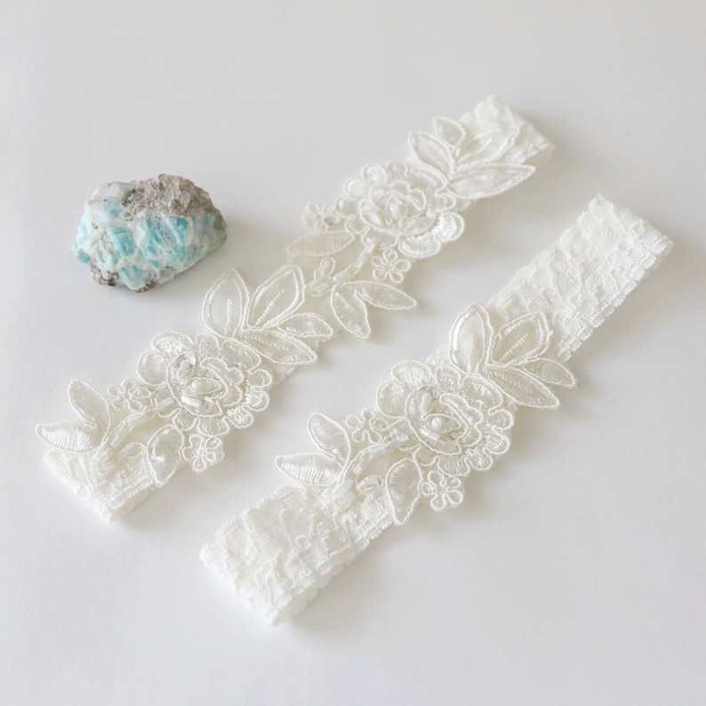 Wedding Garter, Ivory Embroidery Flower Lace Wedding Garter Set, Ivory Garter Set, Wedding Toss Garter 34A image 3