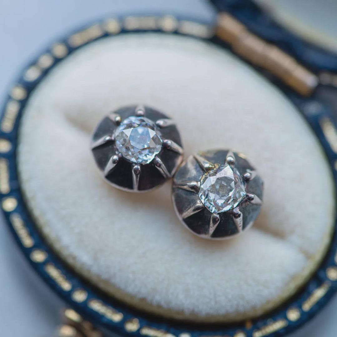 Antique Old Mine Cut Diamond Georgian Collet Earrings, Sterling Silver ...