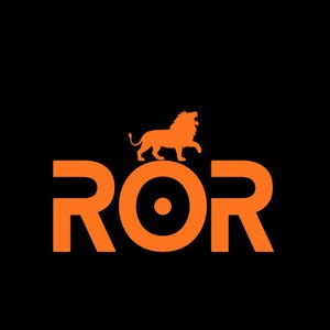 May include: Orange logo on a black background. The logo features the letters "ROR" in a bold, sans-serif font. Above the letters is an orange lion silhouette. The lion is standing with its front paws raised.