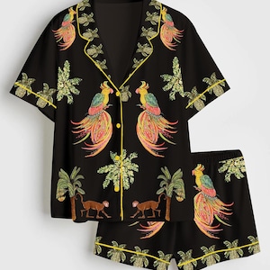Tropical Bird Monkey Print Pajama Set – Black Satin Exotic Loungewear