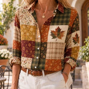 Könnte beinhalten: Ein langärmeliges Hemd mit Knopfleiste und einem Patchwork-Design aus herbstlichen Mustern, darunter Karos, Blumen und Ahornblätter in Orange-, Braun-, Grün- und Cremetönen, getragen in einer weißen Hose mit einem braunen Gürtel.