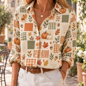 Höstblus med pumpa för kvinnor, höstskjorta med patchworkmönster, Thanksgiving-outfit