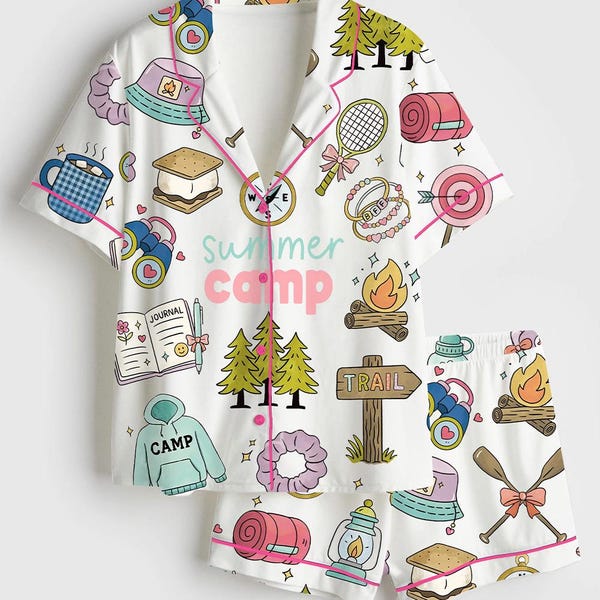 Summer Camp Pajama Set, Satin Button-Down Shorts Loungewear