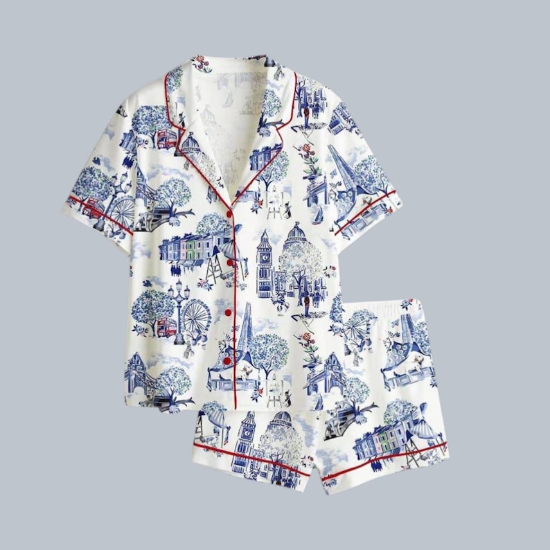 Classic London Print Long Pajama Set – Elegant European Style Sleepwear ...