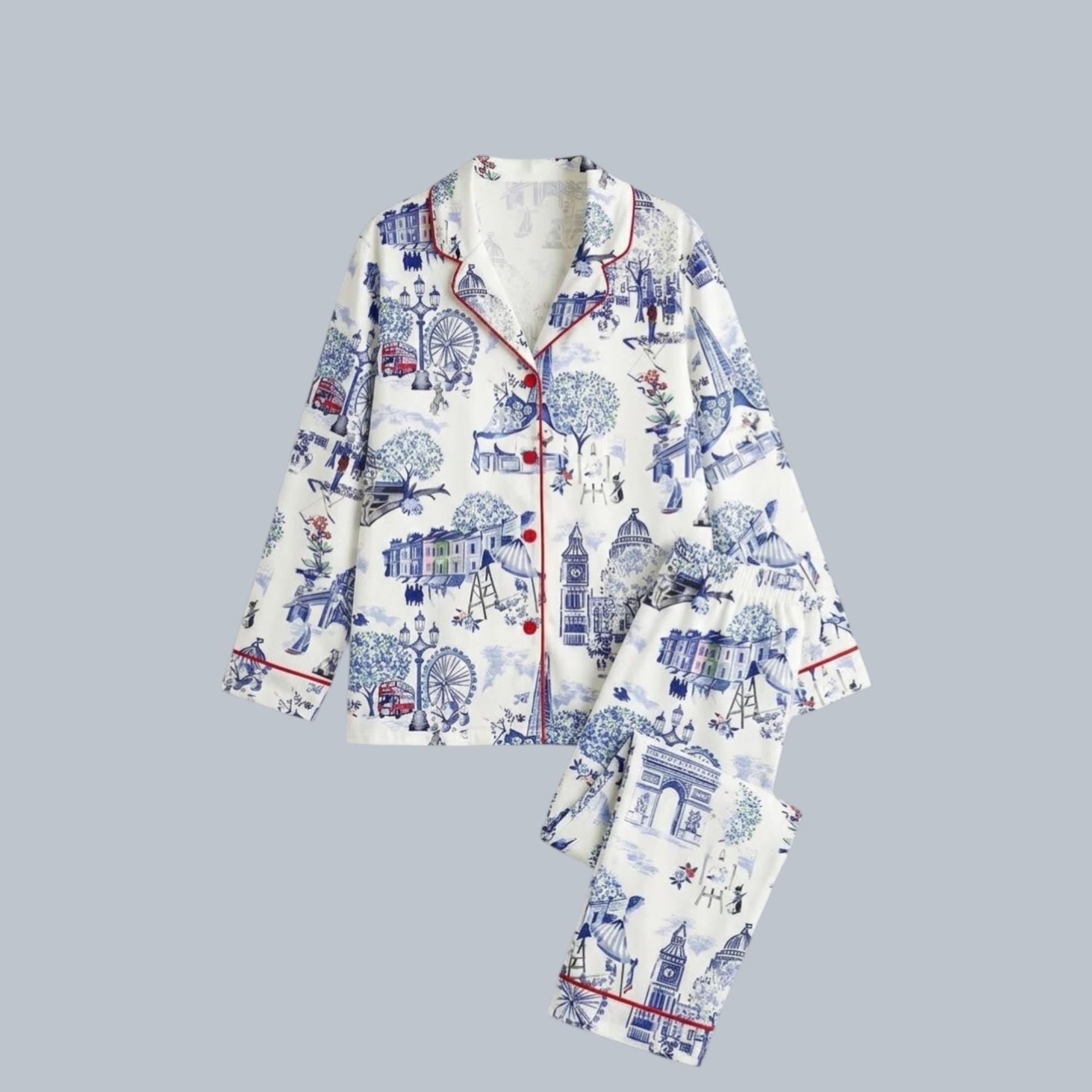Classic London Print Long Pajama Set – Elegant European Style Sleepwear ...