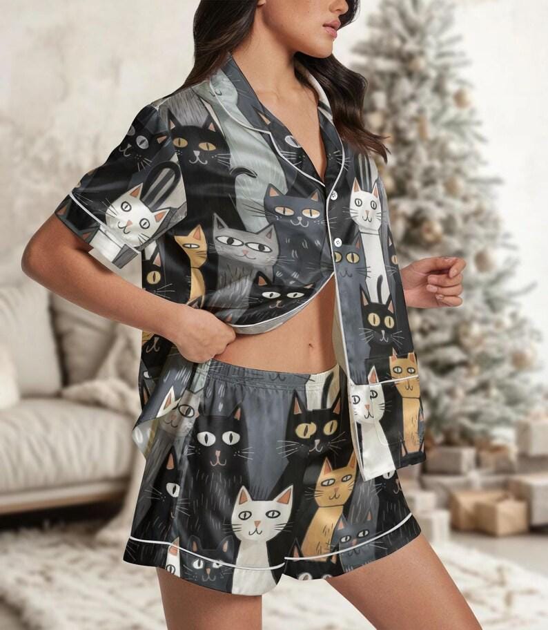 Women's Cat Print Pajama Set – Soft Sleepwear Loungewear – Cat Lover ...