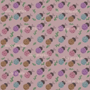 May include: A repeating pattern of stylized ladybugs in shades of brown, purple, pink, and blue on a muted pink background. Small green leaf and stem illustrations are interspersed throughout the design. The text "alice graphix" is repeated.