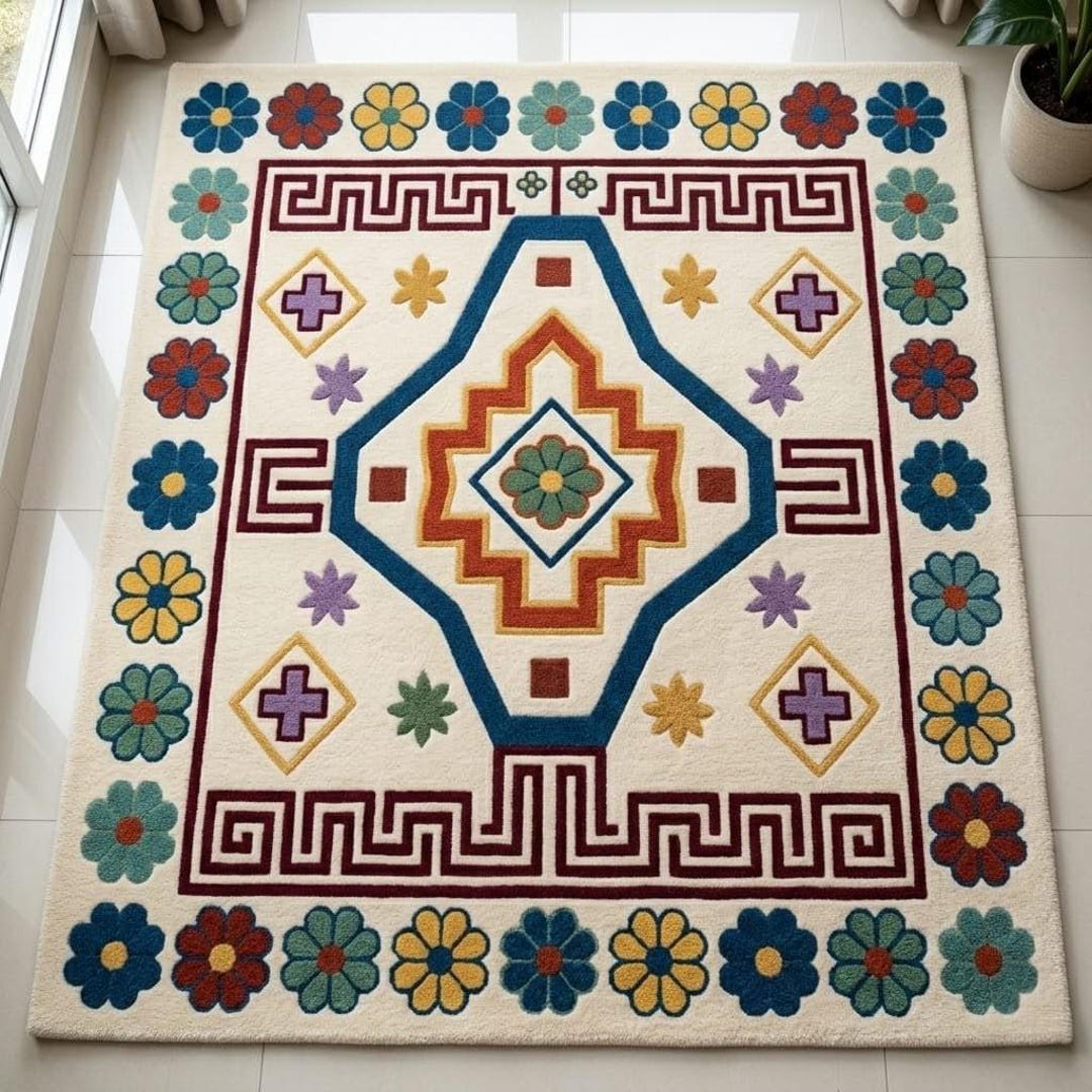 Hand Tufted Floral Geometric Rug, Colorful Wool Area Rug - Etsy