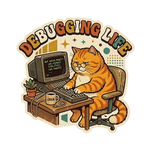 Chat de bureau grincheux | Autocollant chat rétro amusant pour ordinateur portable | Autocollant chat « Debugging Life »