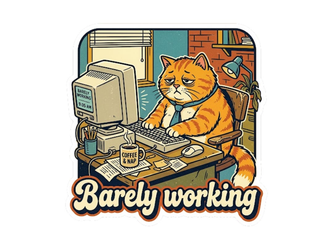 Work Sign Grumpy Cat Grumpy Office Cat | Funny Retro Cat Laptop Sticker | Barely Working Cat ...
