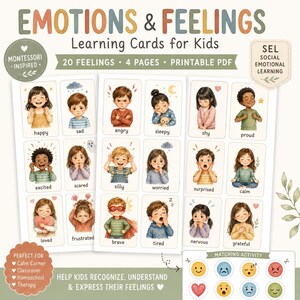 May include: A set of Montessori-inspired learning cards for kids, featuring illustrations of children expressing various emotions such as happy, sad, and angry. The cards are designed to help kids recognize and understand their feelings.