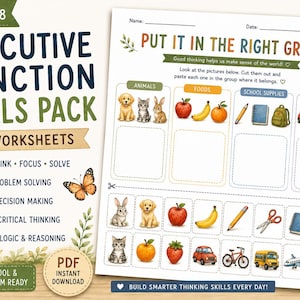 Peut inclure: Un pack de fiches pédagogiques imprimables intitulé Executive Function Skills Pack pour les 5-8 ans. La page présente une activité de catégorisation avec des colonnes pour les animaux, la nourriture, les fournitures scolaires et le transport.