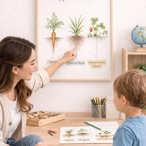 May include: A framed educational poster titled "Types of Roots" depicts illustrations of taproot, fibrous root, and adventitious root systems. A woman points to the fibrous root illustration while a young boy looks on. A globe and pencils are visible.