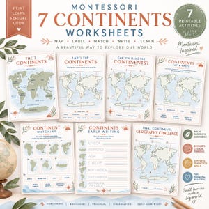 Pode incluir: Um conjunto de sete fichas de atividades Montessori sobre os 7 continentes. As páginas apresentam mapas-múndi, atividades de rotulagem, correspondência, escrita e recorte e colagem com texto em azul e laranja para educação geográfica.