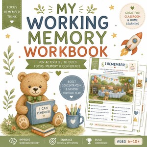 May include: A My Working Memory Workbook with a brown teddy bear holding a book titled I Can Remember, a blue mug with pencils, and a sample activity page featuring a party scene with a dog, cake, and balloons, designed for ages 6-10.