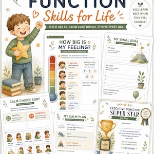 May include: An executive function and social-emotional learning workbook featuring pages titled How Big Is My Feeling, My Small Goal, Calm Choice Sort, My Calm Plan, and Executive Function Super Star Award, with illustrations of a child and a trophy.
