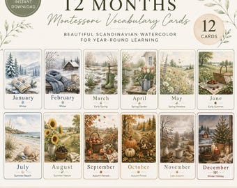 Op de afbeelding: Een set van 12 Montessori-vocabulairekaarten met Scandinavische aquarelillustraties. Elke kaart vertegenwoordigt een maand van het jaar, met seizoensgebonden scènes. De kaarten zijn ontworpen voor leren gedurende het hele jaar en zijn direct te downloaden.