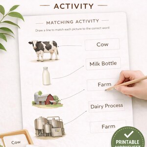 May include: A Montessori milk matching activity worksheet with illustrations of a cow, milk bottle, farm, and dairy process. The text includes "Matching Activity" and "Printable Worksheet". A hand is drawing a line to match the pictures to the words.