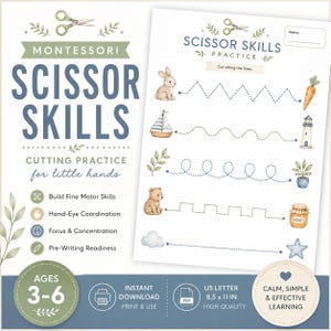 Montessori Scissor Skills Printable | Fine Motor Cutting Practice Worksheets | Preschool Homeschool Activity | Pre-K Kindergarten PDF