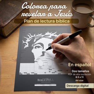 Op de afbeelding: Een grijswaarden kleurplaat met de afbeelding van Jezus, met de tekst "Colorea para revelan a Jesús" en "Plan de lectura bíblica". De pagina wordt gekleurd met een zwarte stift. De tekst "BIBLE FILL JESUCRISTO" staat onderaan. A4-formaat, ongeveer 21 x 29,7 cm.