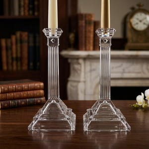Vintage Crystal Candlestick Holders, Set of 2, Neo-Classical Fluted Column Glass Taper Holders