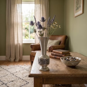 May include: A silver-colored vase with a decorative band holds a bouquet of dried flowers, including thistles and lavender. The vase sits on a wooden coffee table, alongside a bowl of stones and several antique books.