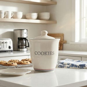 May include: A cream-colored ceramic cookie jar with a lid, labeled "COOKIES" in gray lettering, sits on a white countertop. Chocolate chip cookies rest on a wire rack nearby. A toaster, coffee maker, and kitchen utensils are visible in the background.
