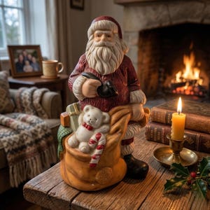 May include: A ceramic Santa Claus figurine with a red suit, white beard, and a bag filled with a teddy bear and candy cane. The figurine is on a wooden table, with a lit candle and a fireplace in the background. A cozy Christmas decoration.