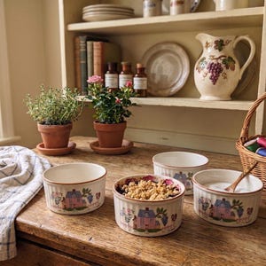 May include: A rustic kitchen scene features four ceramic bowls with a house and floral design. A pitcher with a grape motif, potted herbs, and a basket with spools of thread are also visible. The bowls are filled with food.