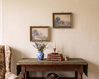 Set of 2 Vintage Barn Landscape Prints - 7x9 Rustic Green & Gold Wall Art