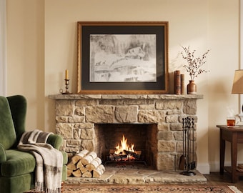 Vintage Original Pencil Drawing 2002 Winter Cabin & Deer - Framed 27x21 Landscape