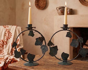 Vintage Metal Ivy Candle Holders Pair Round Hoop Ivy Leaf Mexico Taper Stand
