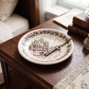 May include: A decorative white plate with a brown illustration of a building and the text "Vieux Quebec - Old Quebec". A vintage key rests on the plate. A small perfume bottle and books are nearby on a wooden table.